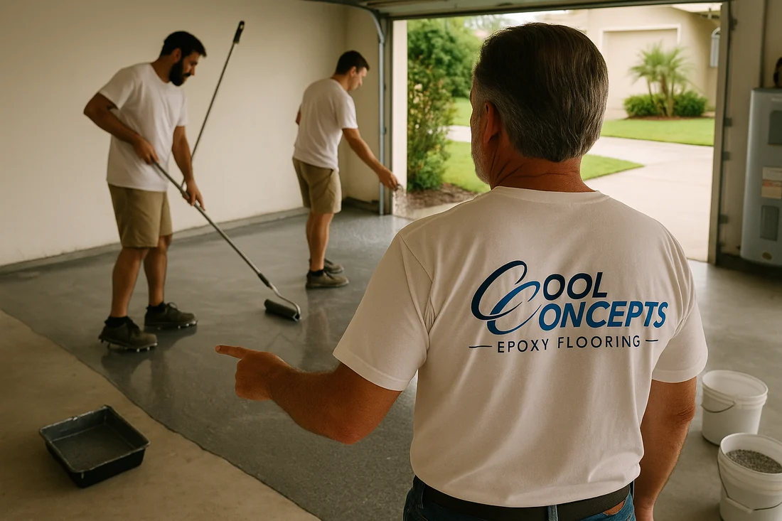 Duane and the Concept Epoxy St Pete crew mid-install in a St. Petersburg garage, back-rolling a freshly coated slab