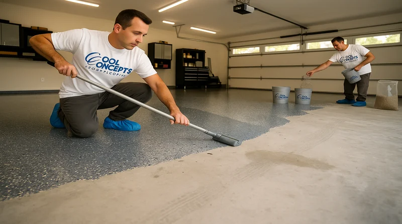 Crew applying decorative flake epoxy coating