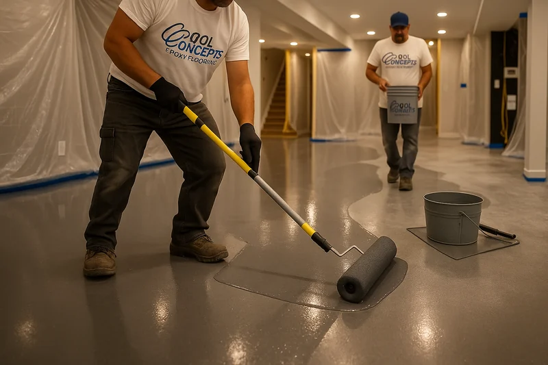 Applying epoxy coating to residential floor