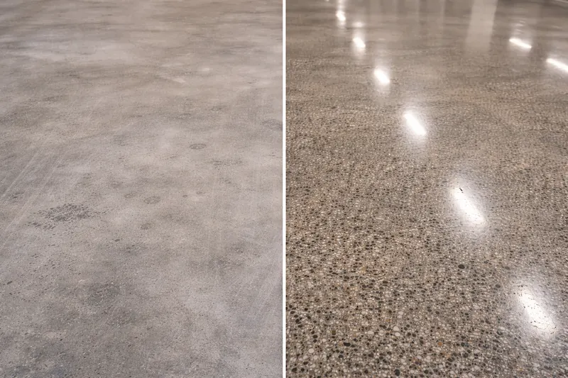 Polished concrete before and after — raw concrete vs high-gloss finish St. Petersburg